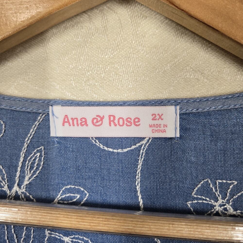 Ana & Rose Embroidered Peplum Blouse 2X Blue Cottagecore Boho Chambray Plus Size - Picture 9 of 13